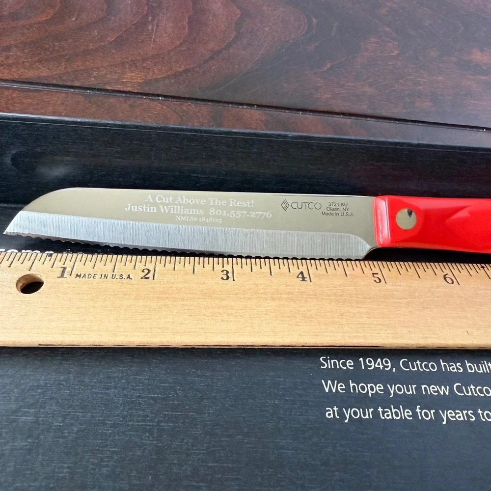 Cutco 3721 KU Santoku Red Classic Handle Serrated USA Realtor Engraving